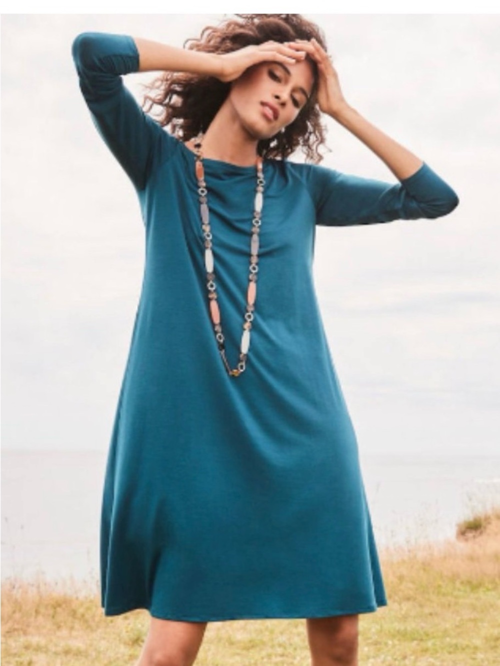 Eileen Fisher Teal Long-Sleeve Jersey Shift Dress Large Petite